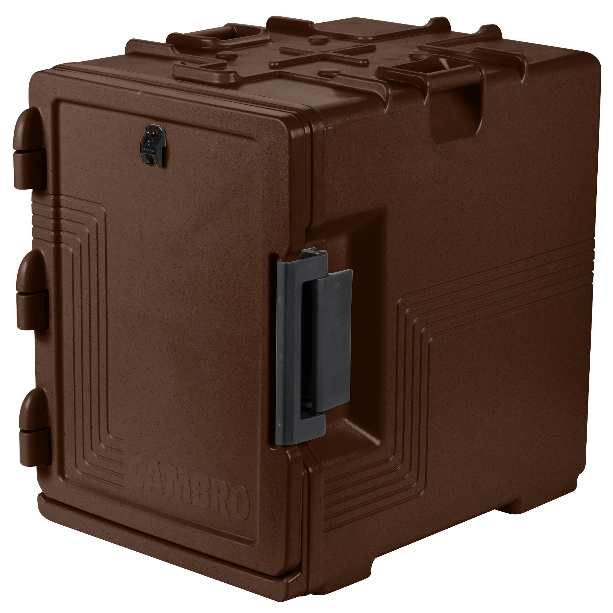 Cambro Ultra Pan Carrier® S-Series Dark Brown Front Loading Insulated Food Pan Carrier with Menu Clip / Pocket - Holds 6 Pans - UPCS400131