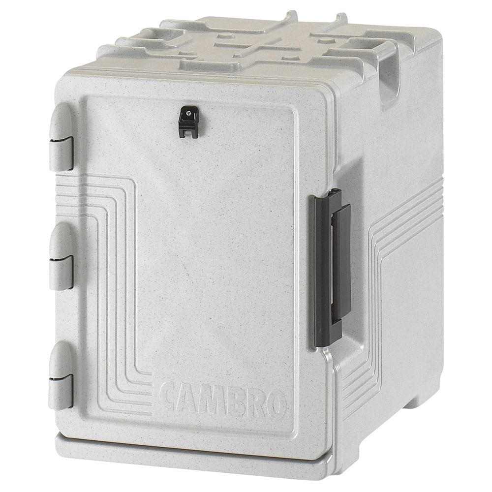 Cambro Ultra Pan Carrier® S-Series Speckled Gray Front Loading Insulated Food Pan Carrier with Menu Clip / Pocket - Holds 6 Pans - UPCS400480