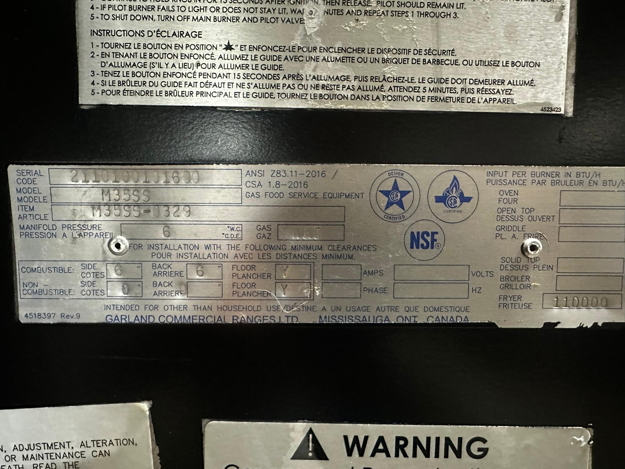 Garland Master Series Heavy Duty 34" Range with 2 Burners & 23" Griddle Natural Gas / Master Series Heavy Duty Gas Fryers M35SS REFURBISHED - SRBO-0126
