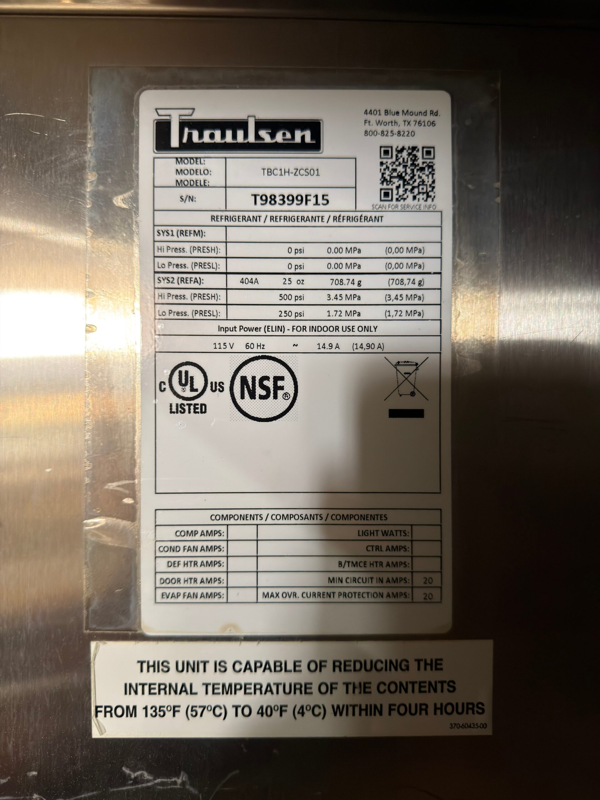 Traulsen TBC1H Spec-Line Roll-In Blast Chiller Remote compressor  REFURBISHED - SRBAC-05