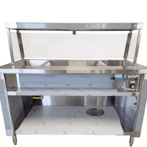 TIBA STK-3 Steam Table 3-well, 44" x 32" x 36", single tank, single control, all s/s body, galvanized back only, c/w 10” cutting board & front shelf 230v/1/13 amps