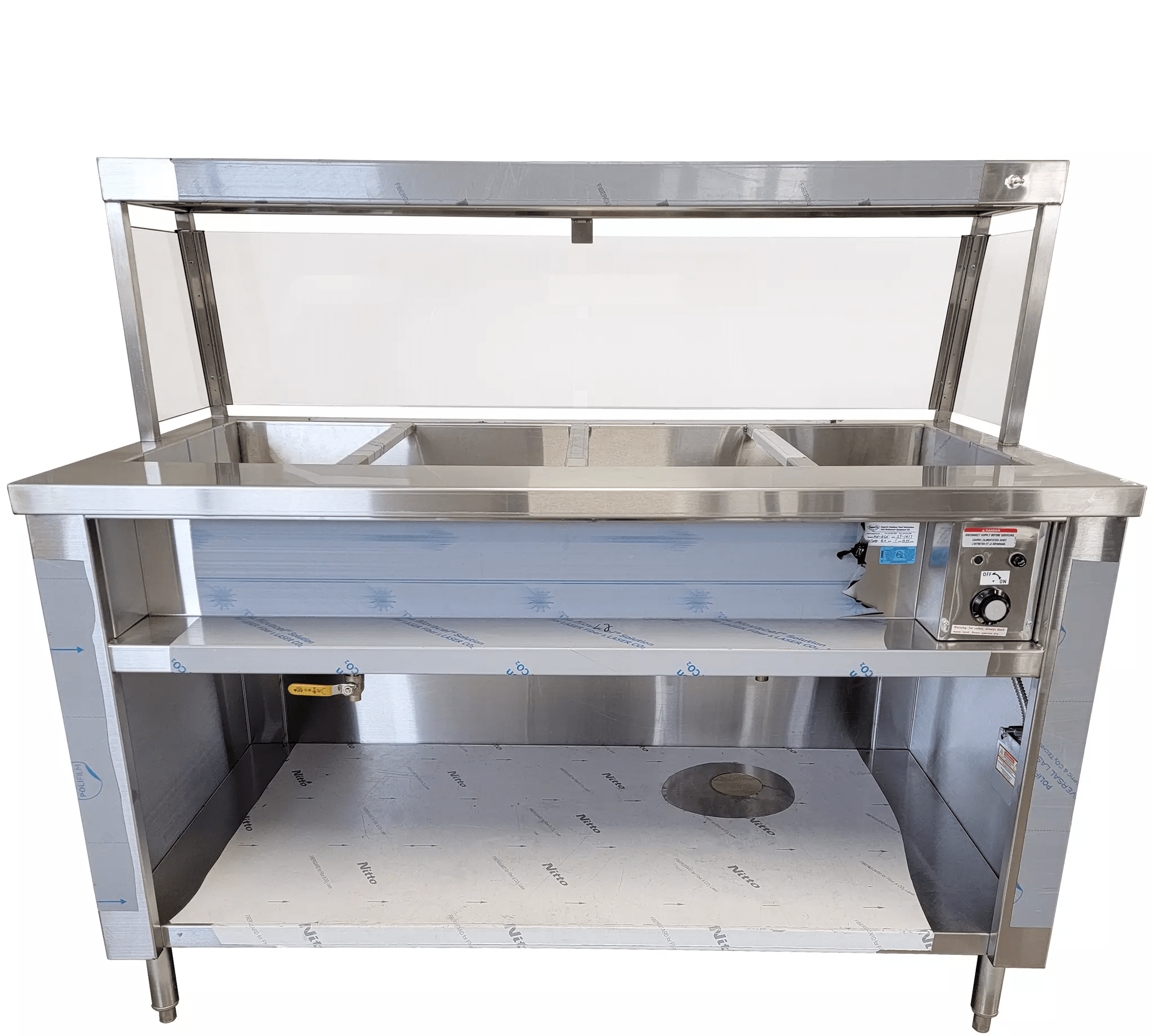 TIBA STK-3 Steam Table 3-well, 44" x 32" x 36", single tank, single control, all s/s body, galvanized back only, c/w 10” cutting board & front shelf 230v/1/13 amps