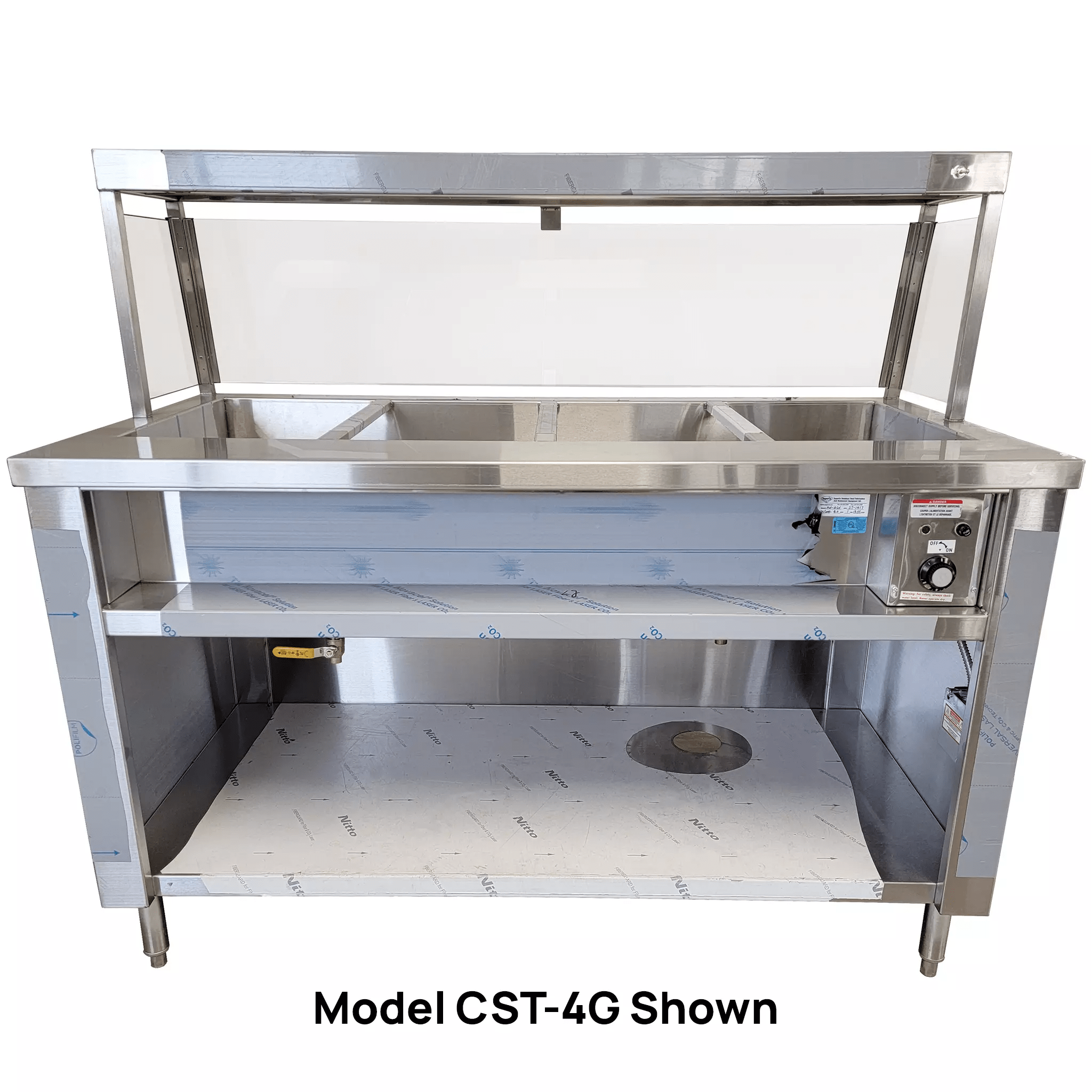 CFE NST-4-58 Steam Table 4-well, 58" x 32" x 36", single tank, single control, all s/s body, galvanized back only, c/w 10” cutting board & front shelf 230v/1/19.5 amps CFE NST-4-58 Steam Table 4-well, 58" x 32" x 36", single tank, single control, all s/s body, galvanized back only, c/w 10” cutting board & front shelf 230v/1/19.5 amps