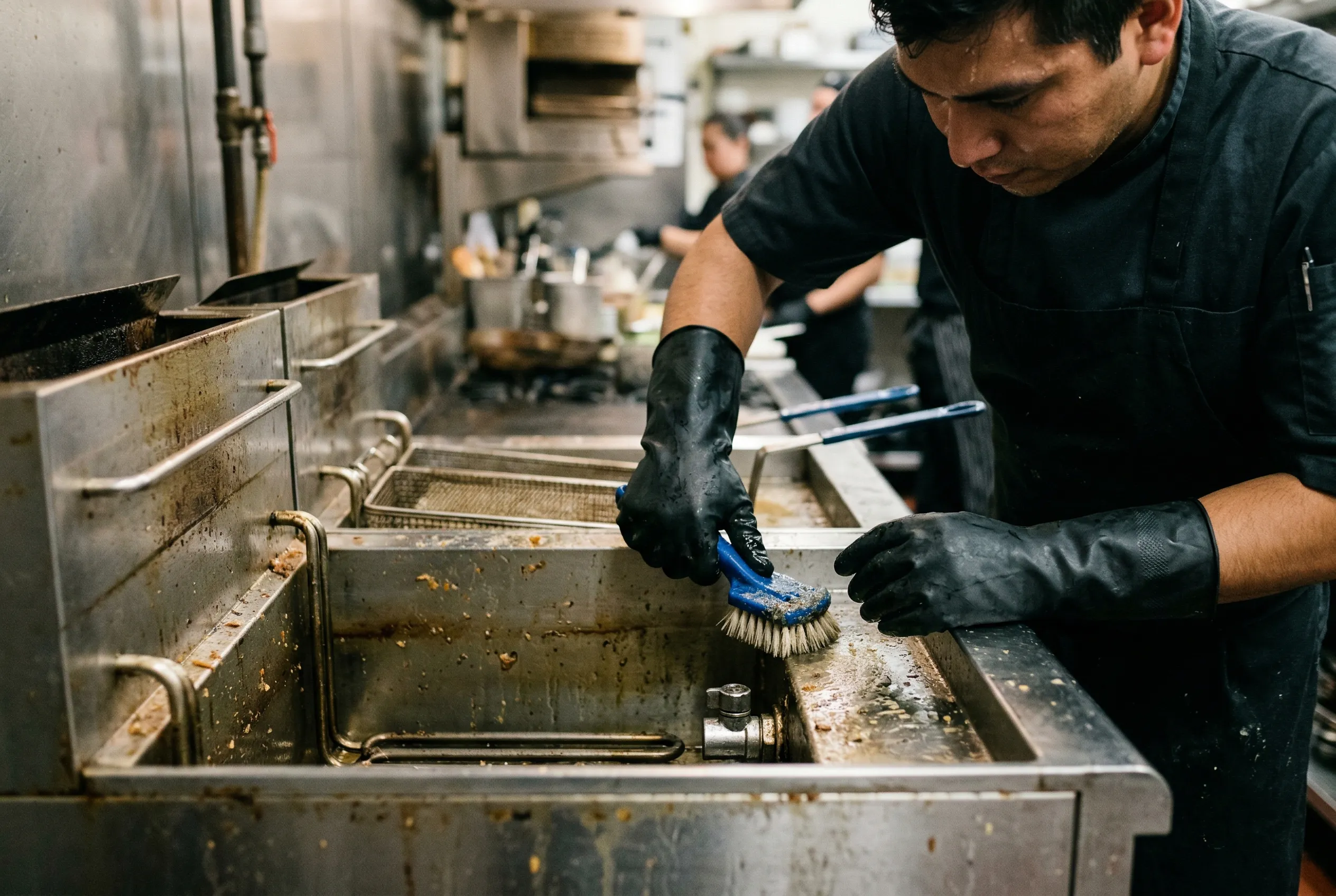 Kitchen worker cleaning a commercial deep fryer tank with protective gloves and cleaning brush