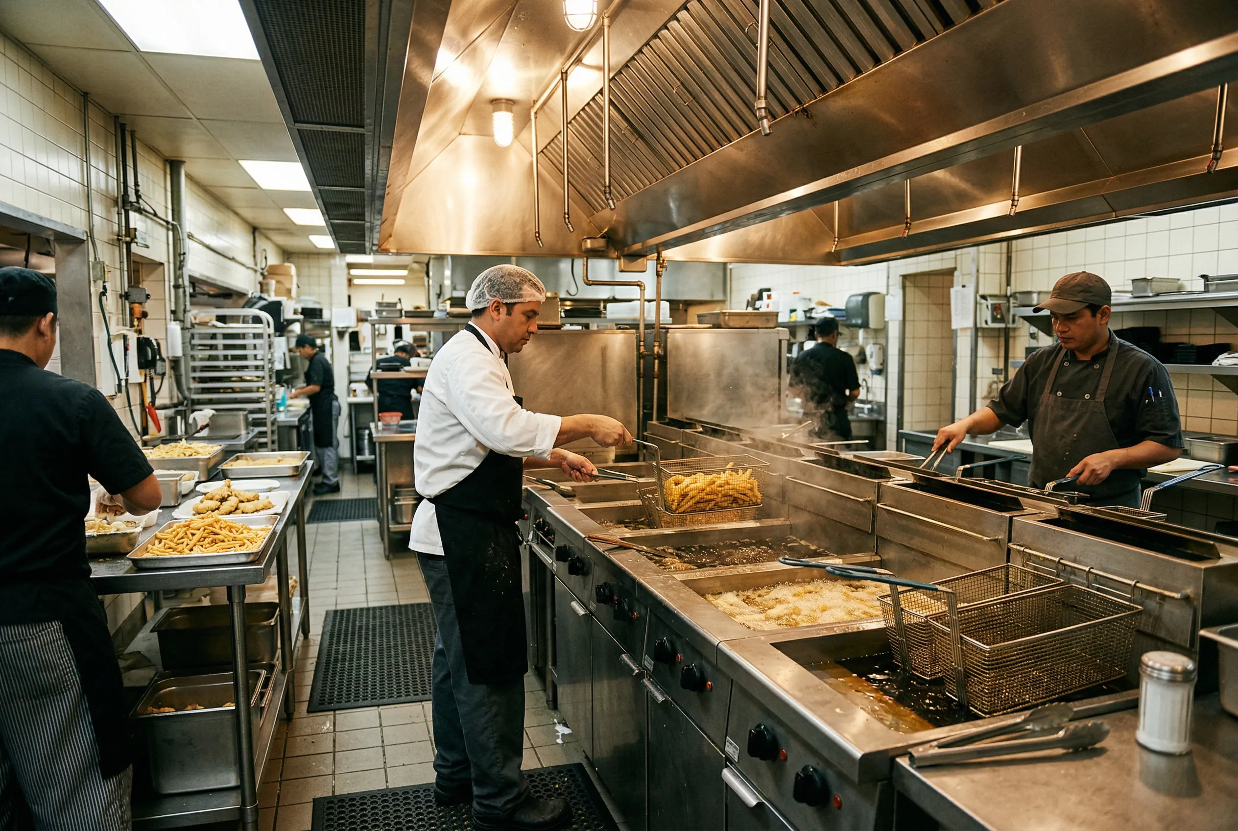 Restaurant fry station in operation with multiple commercial deep fryers and exhaust hood