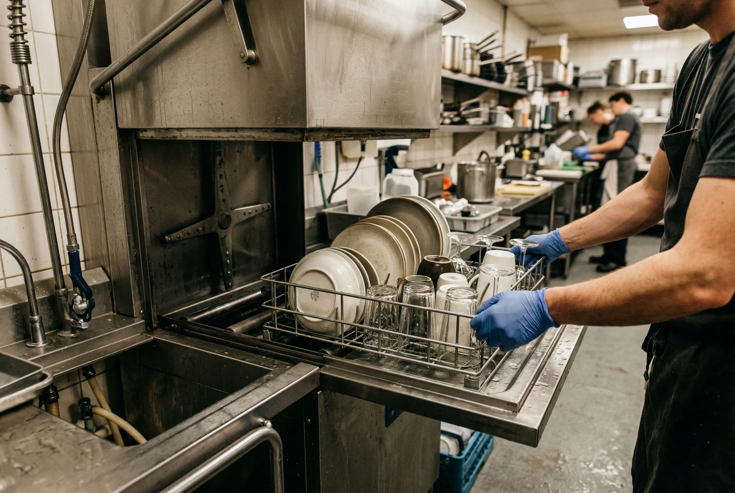 Dish rack being loaded into a commercial door-type dishwasher in a restaurant kitchen