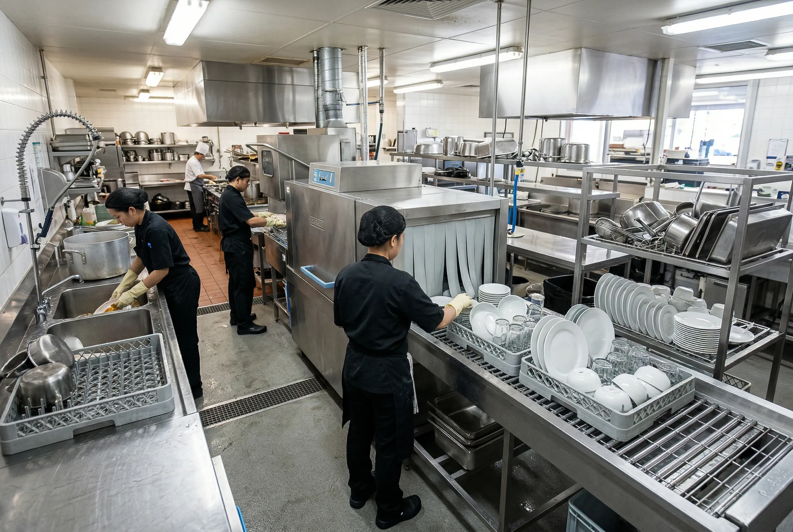 Conveyor dishwasher in operation at a large restaurant dishwashing station with clean dishes coming out
