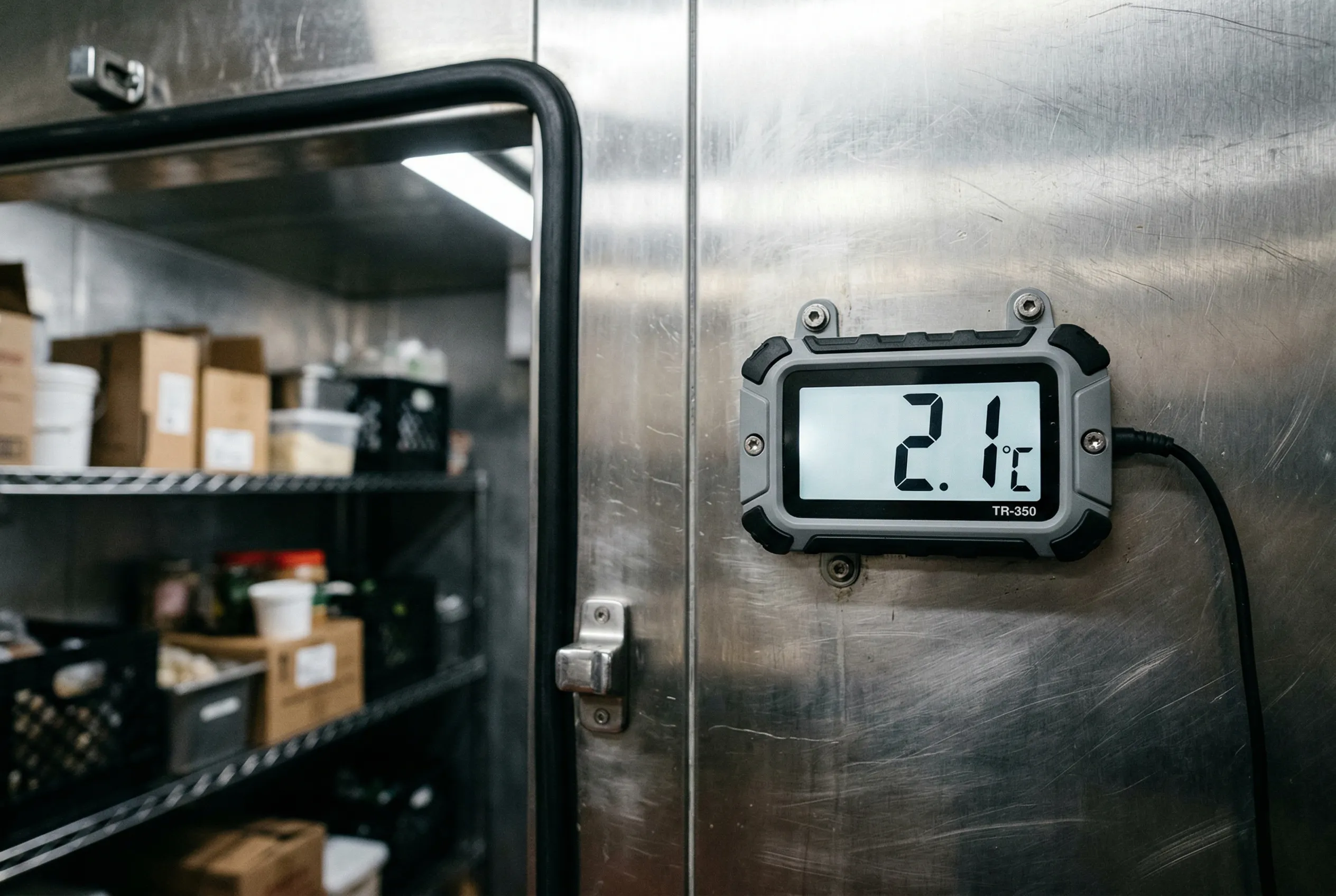 Digital thermometer mounted on walk-in cooler wall showing temperature reading near 2 degrees Celsius