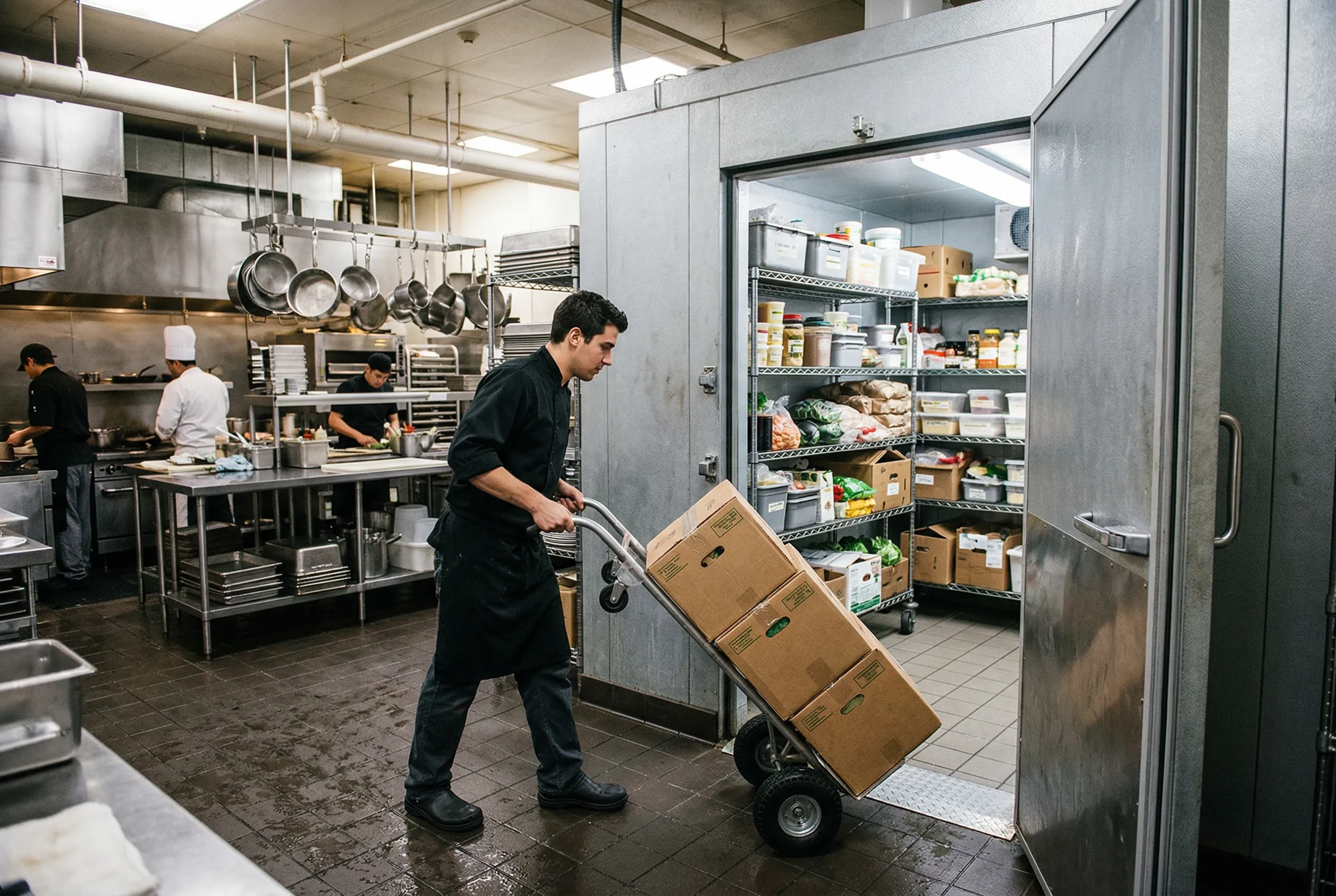 Restaurant worker bringing food supplies into a walk-in cooler entrance with heavy insulated door