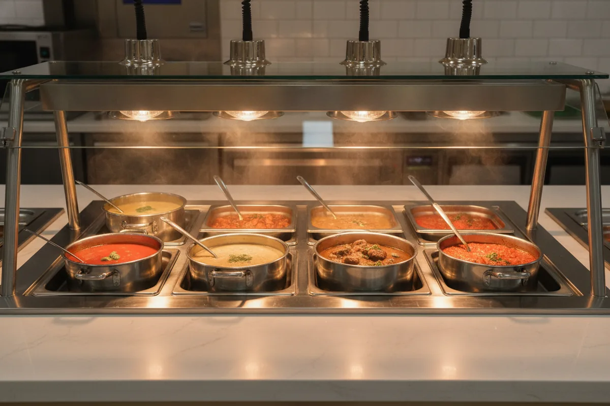 Stainless steel commercial steam table holding hot food in gastronorm pans on a serving line