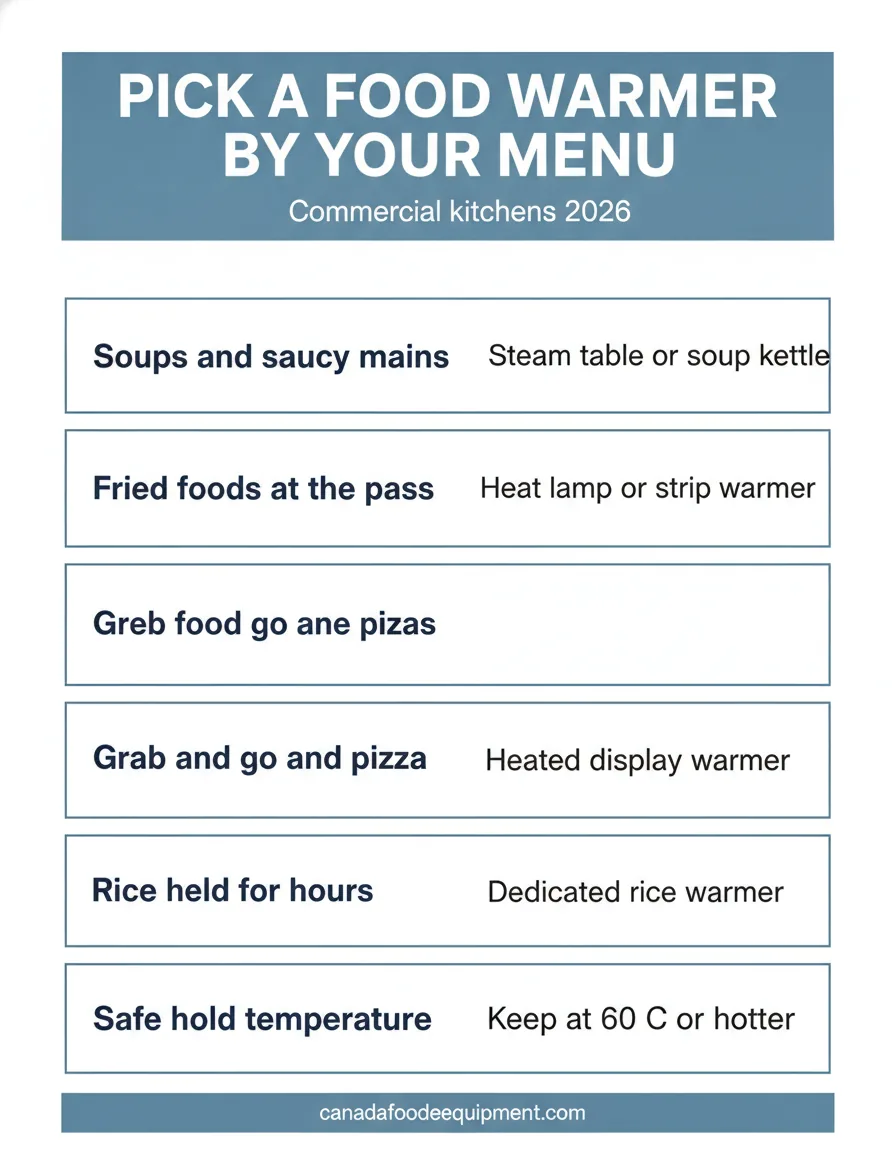 Which commercial food warmer to choose by menu type: steam table, heat lamp, heated display, rice warmer