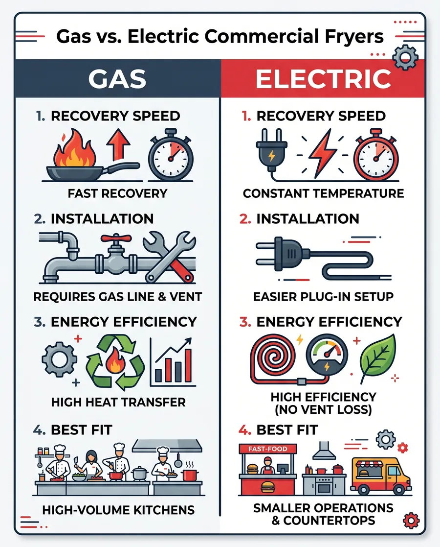 Infographic comparing gas and electric commercial fryers on recovery, install, efficiency and best fit