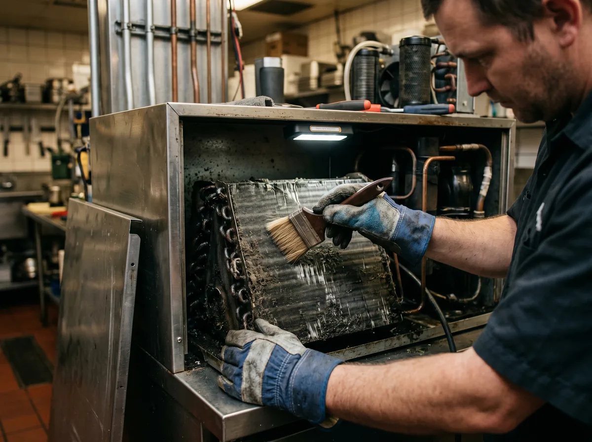 A technician brushing dust from the condenser coil of a commercial walk-in cooler refrigeration unit