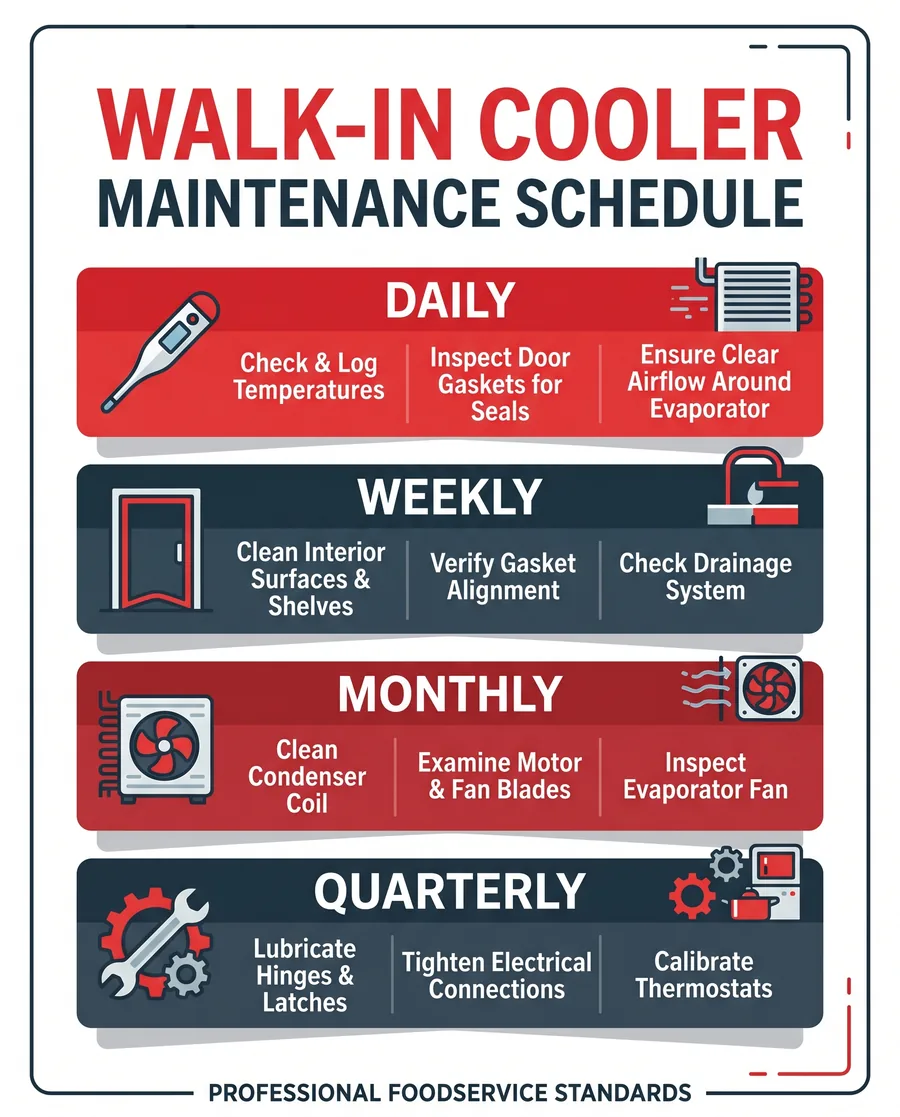 Infographic showing daily, weekly, monthly and quarterly walk-in cooler maintenance tasks