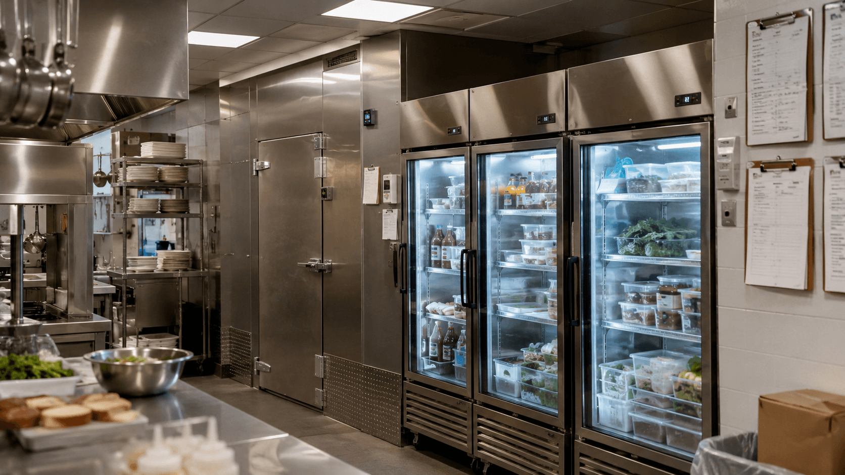 Commercial refrigeration units operating efficiently in a professional restaurant kitchen