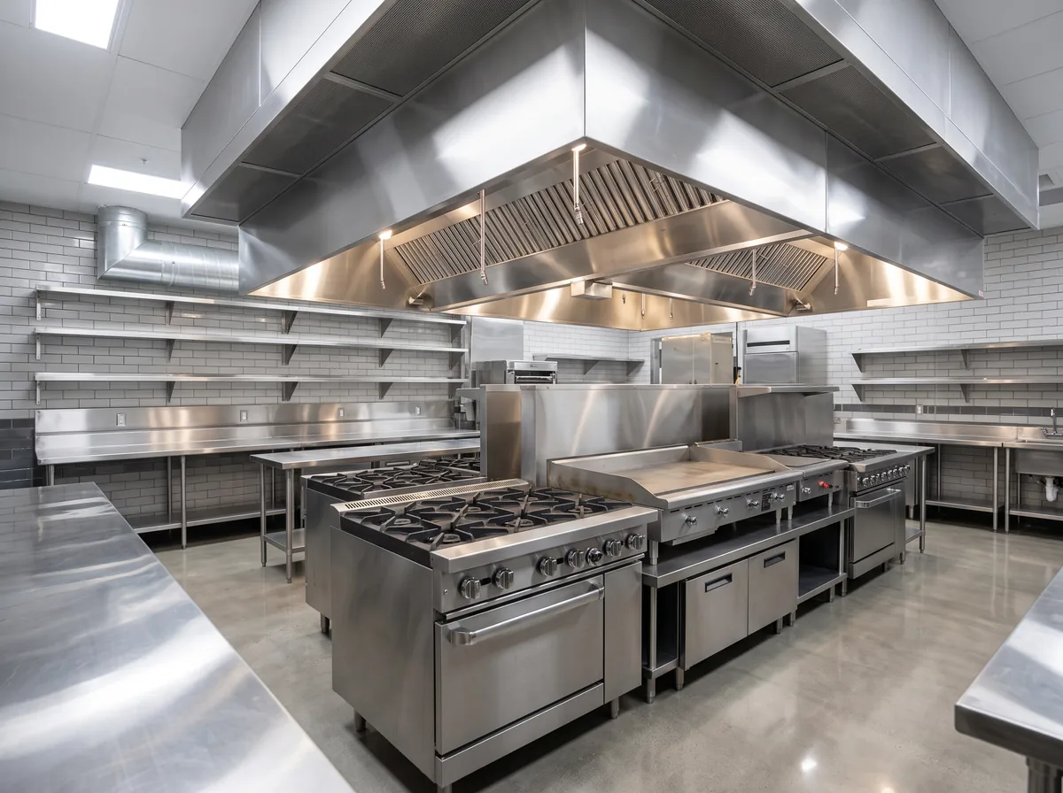 Clean stainless steel commercial kitchen cooking line with ranges and exhaust hood