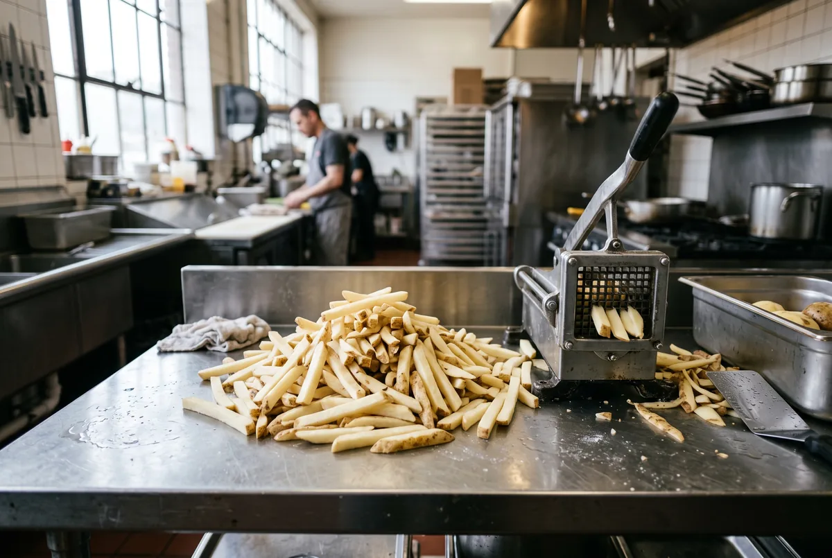 Freshly hand-cut raw potato fries beside a stainless commercial fry cutter