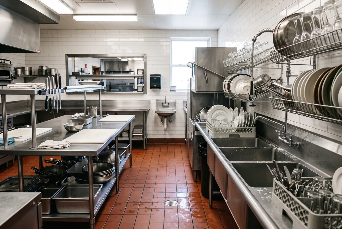 Commercial kitchen prep tables and three-compartment warewashing sink