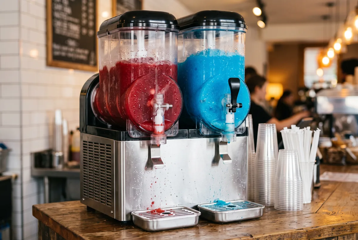 Commercial slush machine with two hoppers of bright frozen drinks
