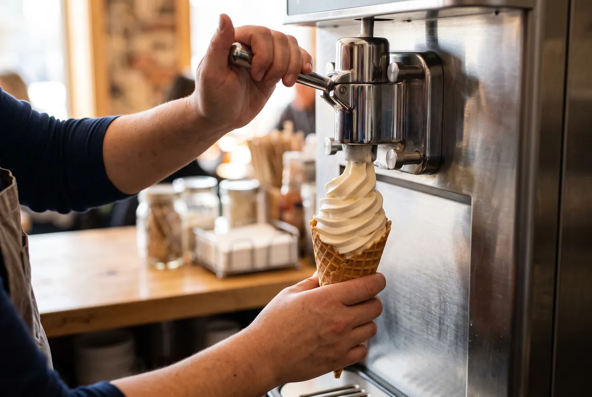 Soft serve ice cream pulled from a commercial machine into a cone