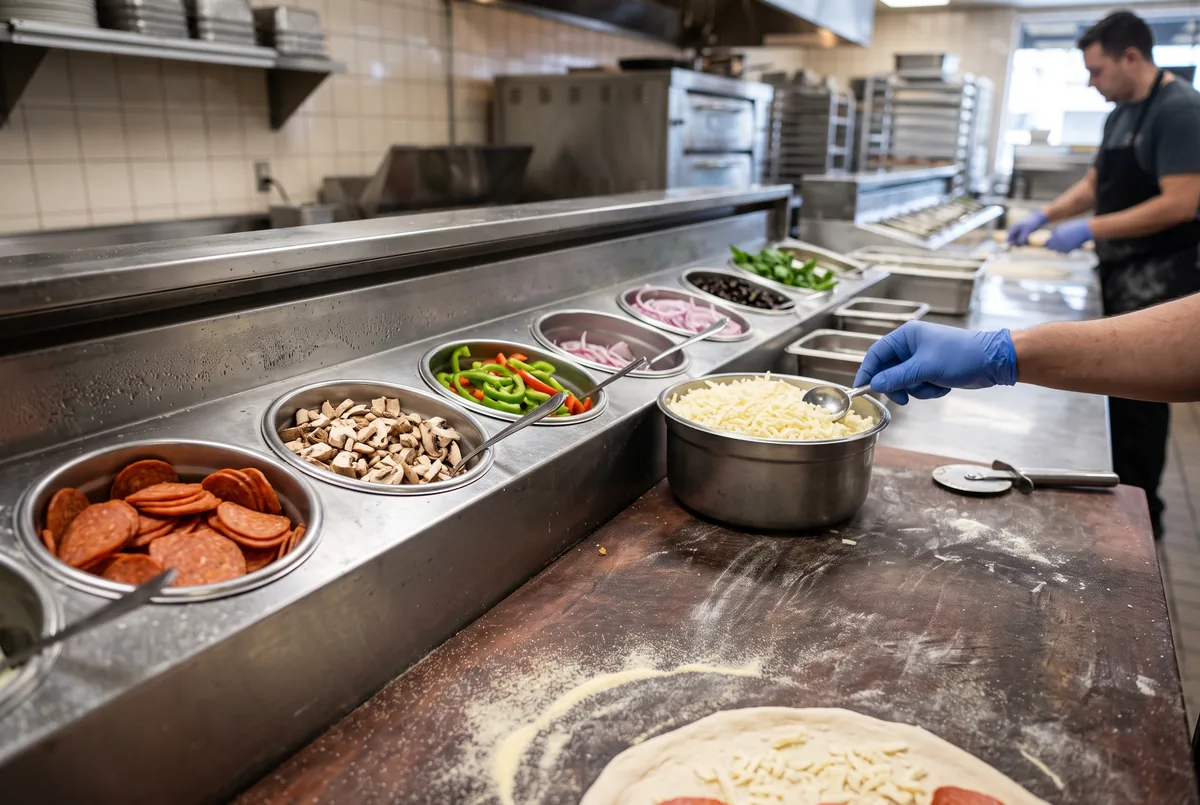 Pizza prep table with round topping pans on a raised refrigerated rail