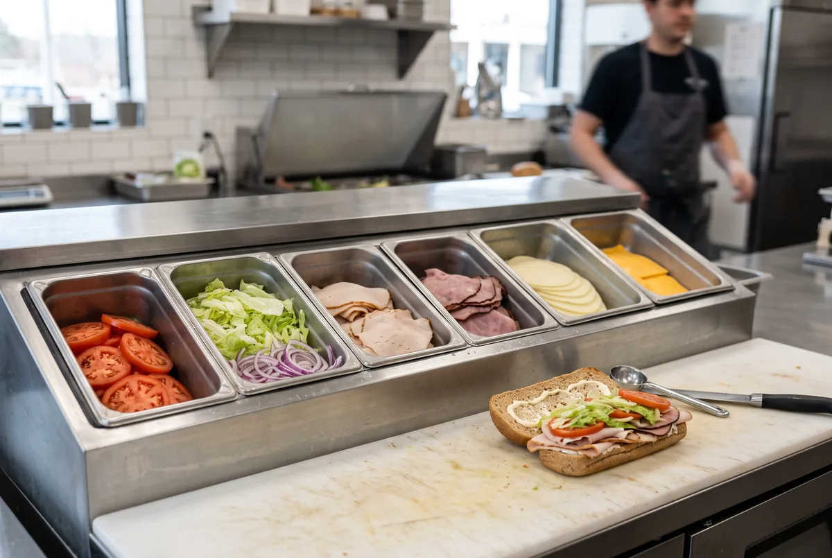 Sandwich prep table with rectangular pans of deli ingredients on a flat rail