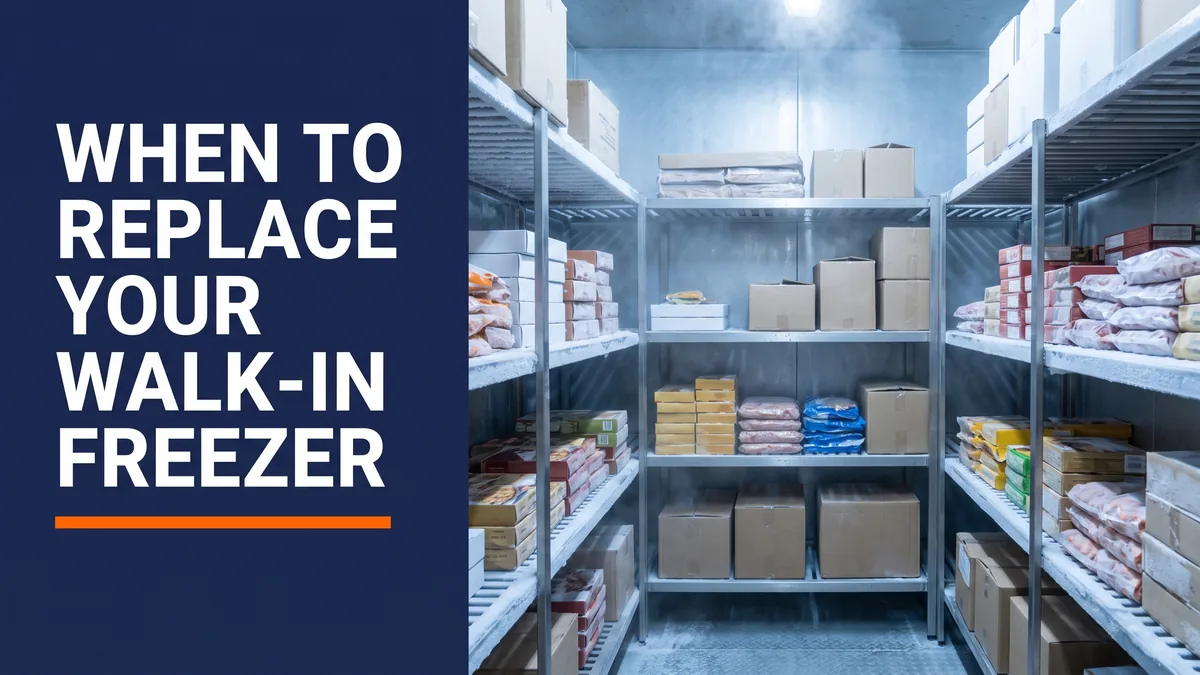 Interior of a commercial walk-in freezer, illustrating when to replace a walk-in freezer