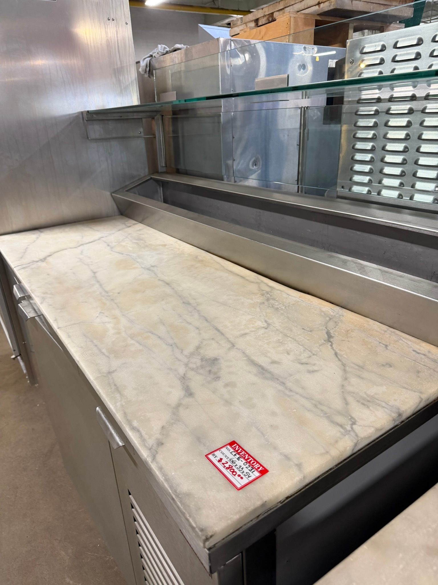 Custom Stainless Pizza prep table 66" with Sneeze guard and marble REFURBISHED CFE-0231 Custom Stainless Pizza prep table 66" with Sneeze guard and marble REFURBISHED CFE-0231