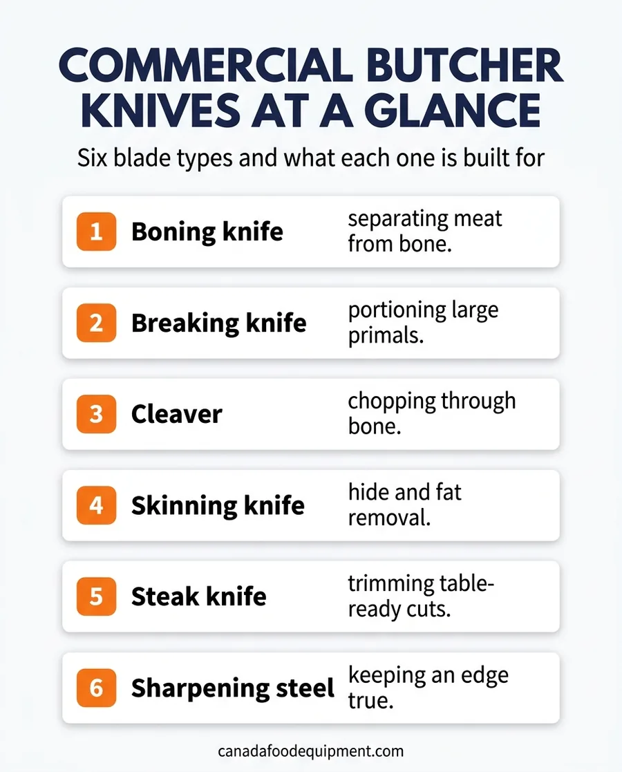 Infographic illustrating commercial butcher knife types and their uses.