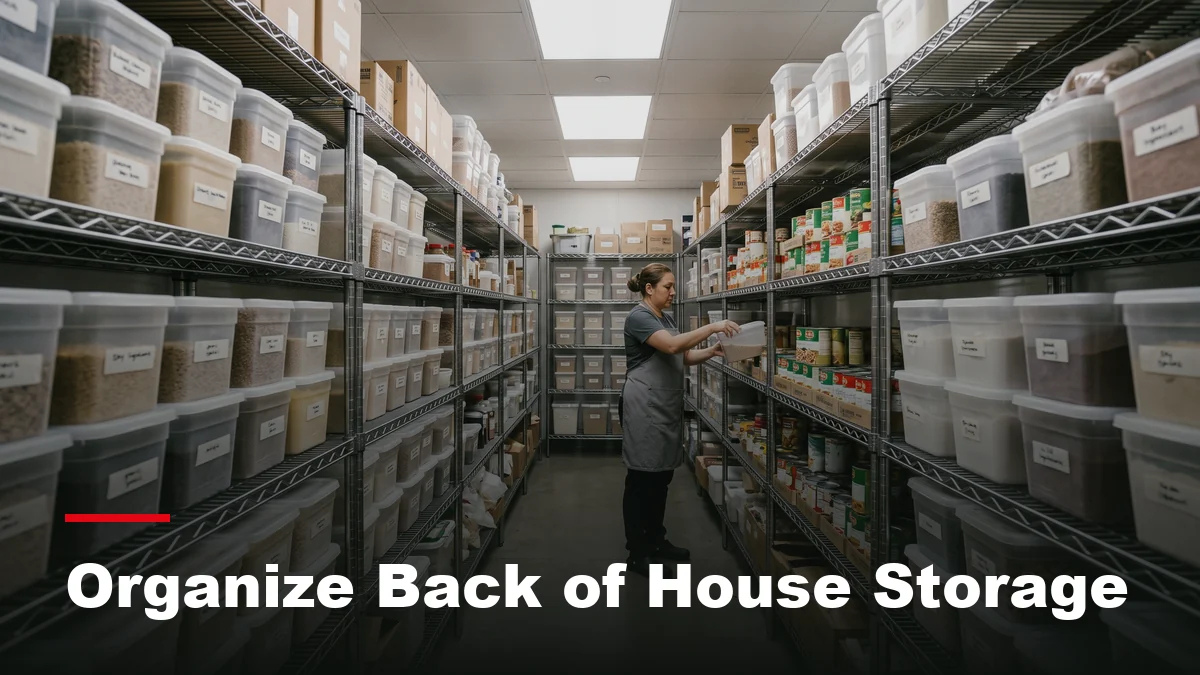 Organized commercial kitchen dry storage aisle with labeled shelving and stacked containers