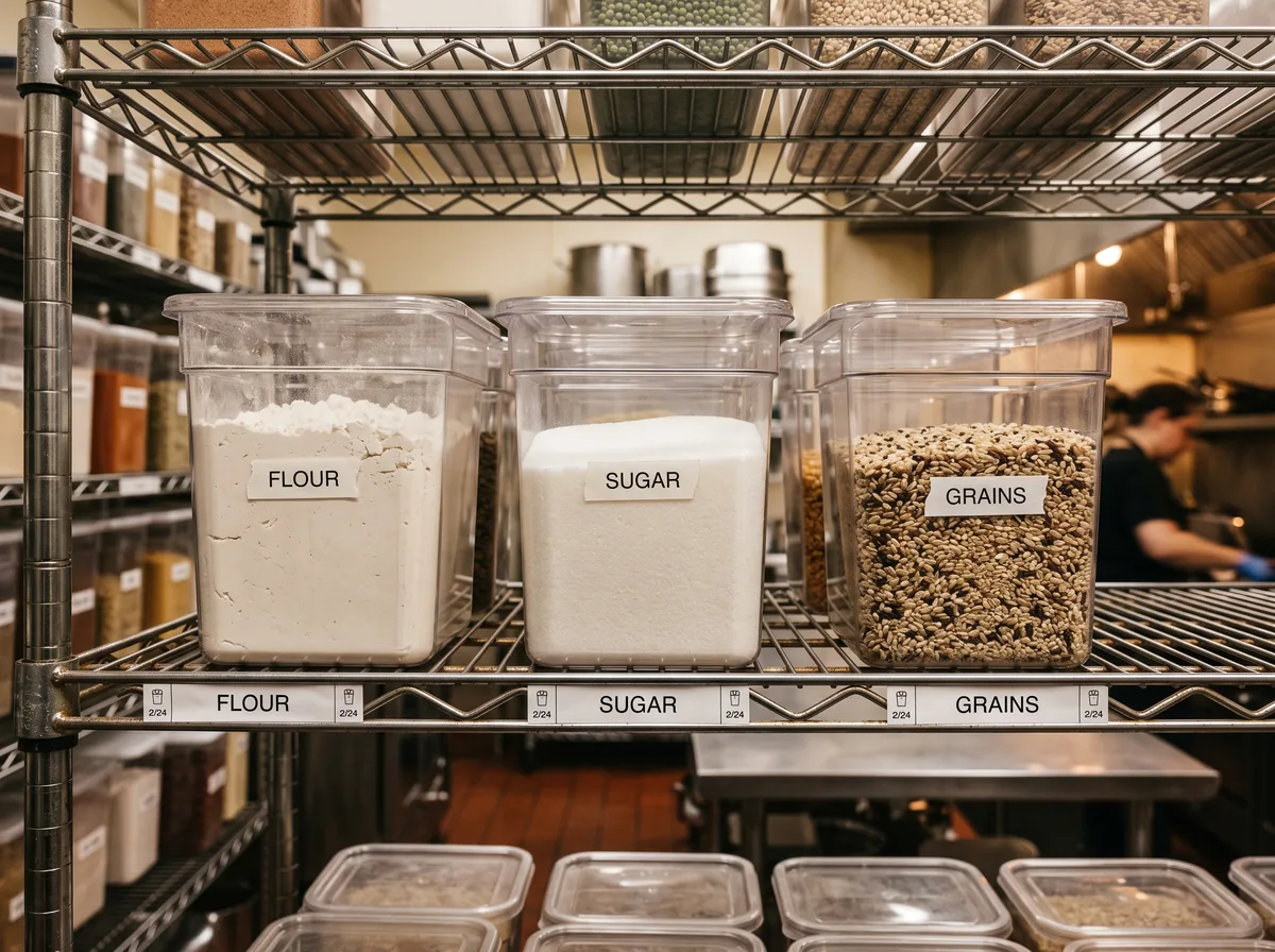 Organized commercial kitchen back-of-house storage area