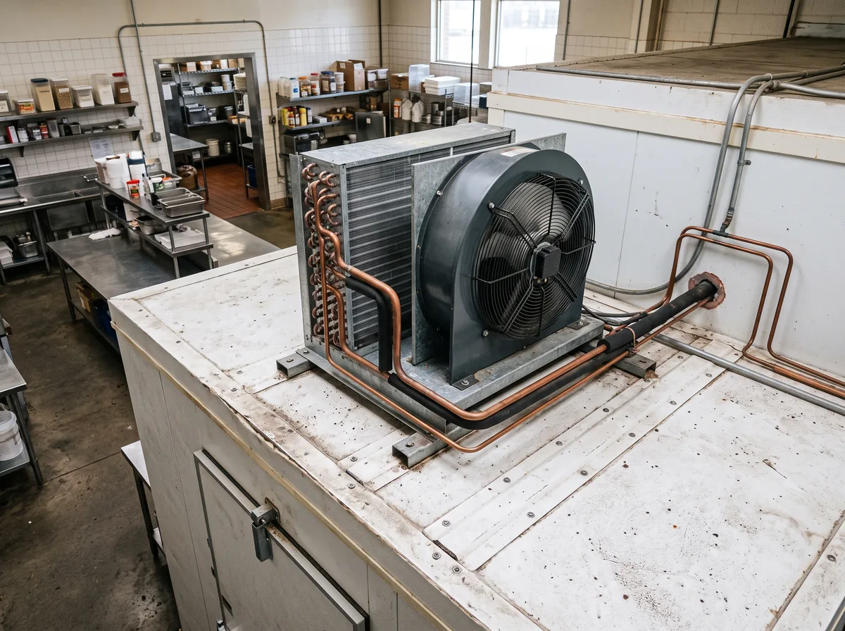 Top-mounted condensing unit on a commercial walk-in freezer