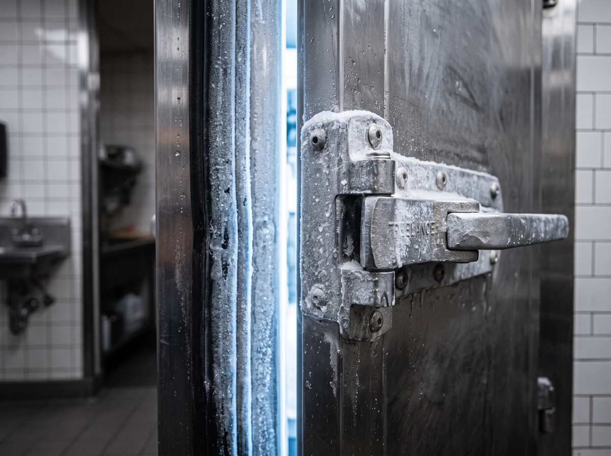 Commercial walk-in freezer unit in a restaurant kitchen setting